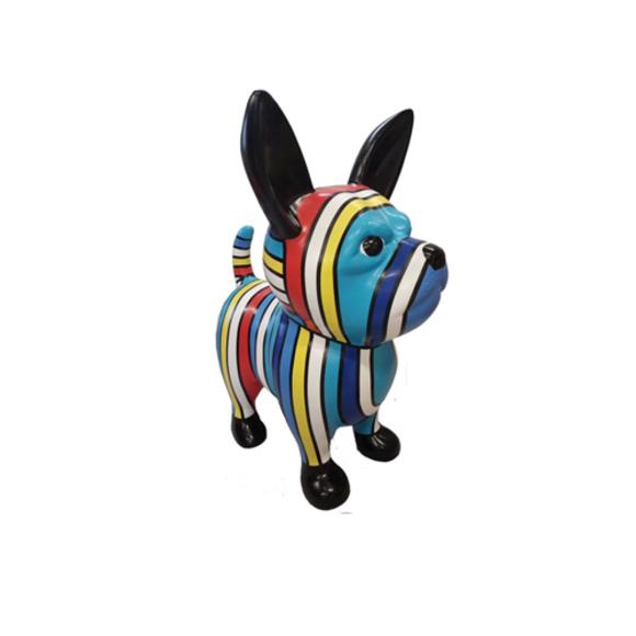 Decorative abstract sculpture designed as a standing puppy in colorful blue tone stripes 91x75cm