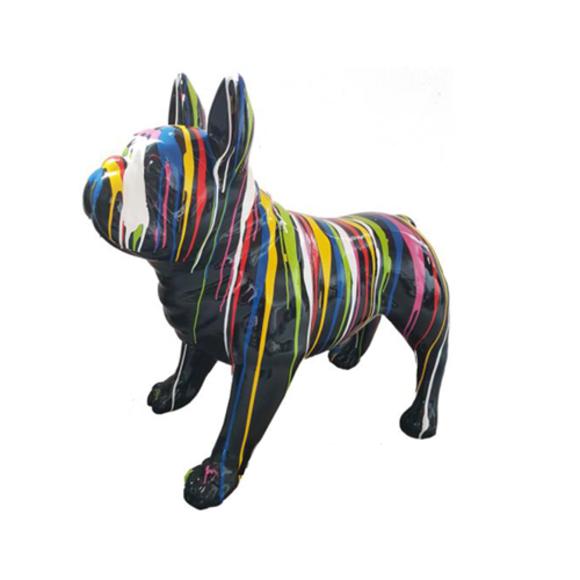 Abstract decorative sculpture designed as gloss black colored dog with colorful patterns 72x100cm