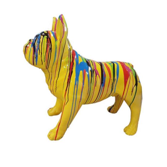 Abstract decorative sculpture designed as gloss yellow colored dog with colorful patterns 72x100cm