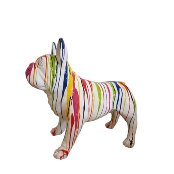 Abstract decorative sculpture designed as gloss white colored dog with colorful patterns 72x100cm