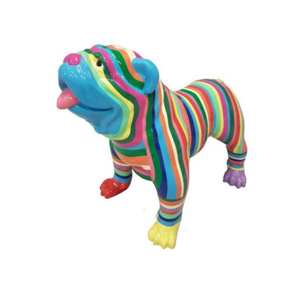Abstract decorative sculpture designed as gloss standing dog in bright colorful stripes 74x90cm