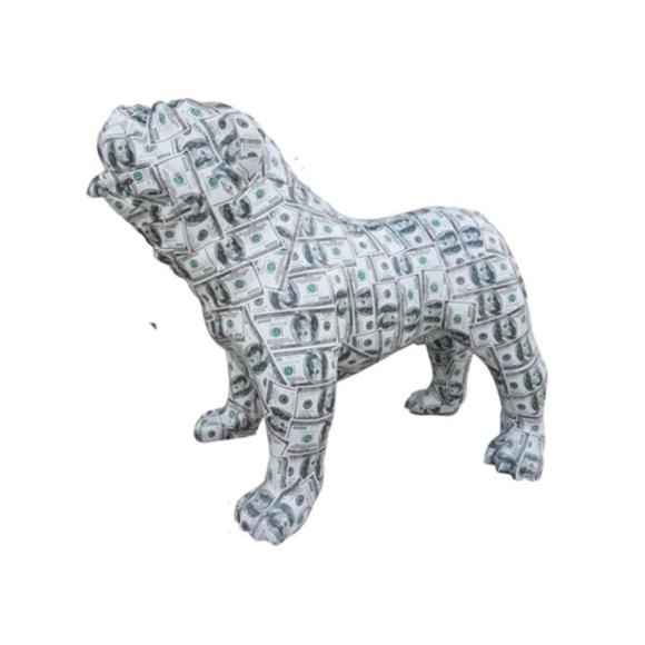 Decorative sculpture designed as full us dollar colored standing dog 74x90cm