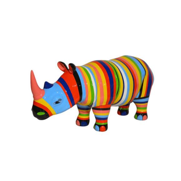 Abstract decorative sculpture designed as rhino figure with colored stripes 175cm length