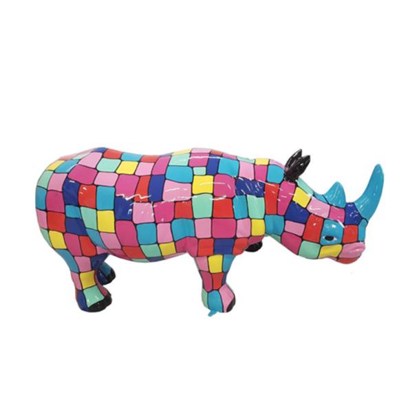 Abstract decorative sculpture designed as gloss rhino with colored mosaic patterns 175cm length