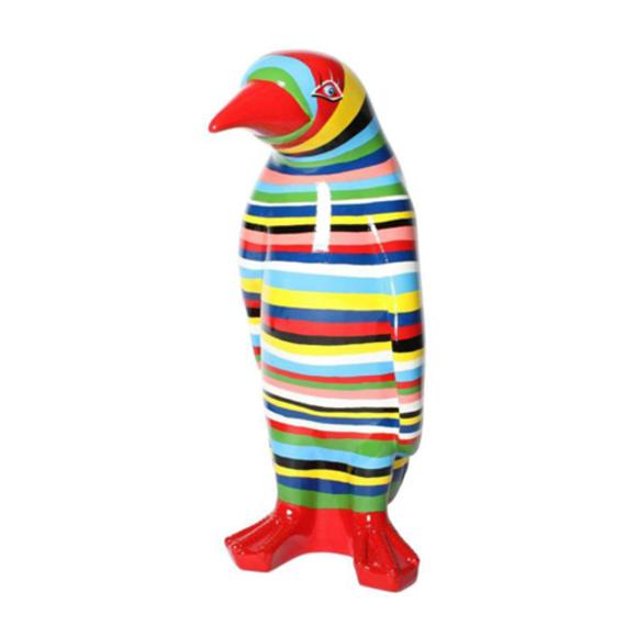 Decorative sculpture designed as a gloss standing penguin in colorful stripes 120cm