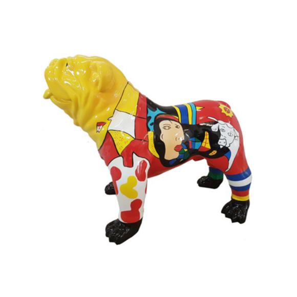 Abstract decorative sculpture designed as standing gloss dog with yellow head & colorful patterns 74x90cm