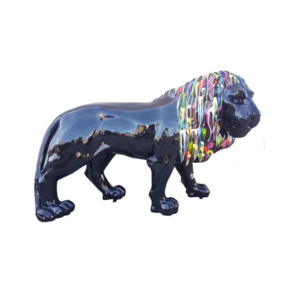 Decorative sculpture designed as gloss black lion with colored mane 140x190cm sizes