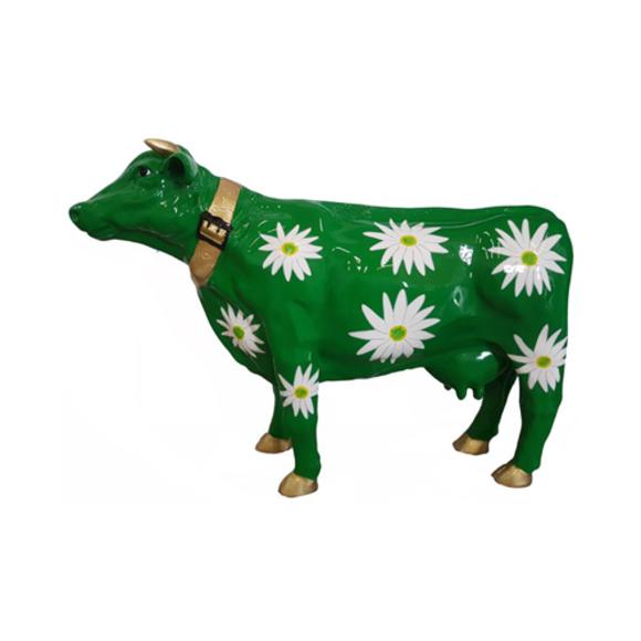 Decorative sculpture designed as gloss full green colored standing cow with colorful flowers 67x140m