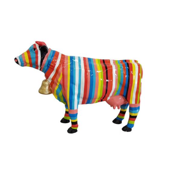 Abstract decorative sculpture designed as standing gloss cow in colorful stripes & a bell 67x140cm