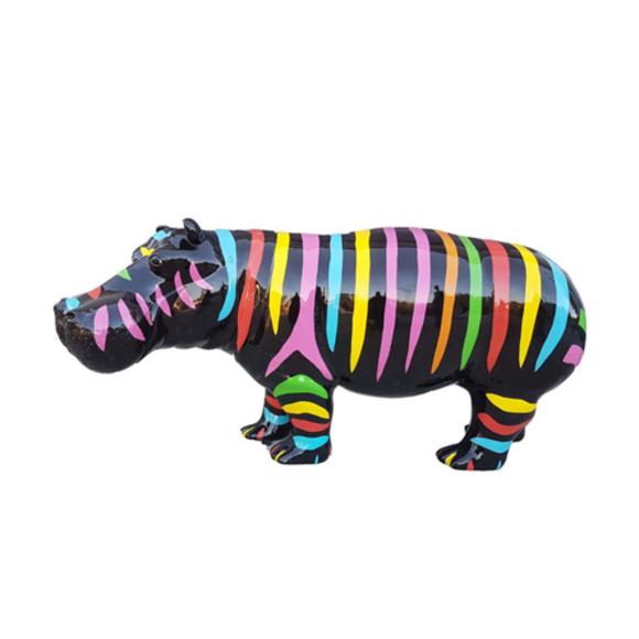 Abstract Black colored gloss hippopotamus with colorful stripes sculpture 180cm length