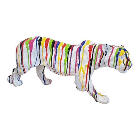Abstract decorative sculpture designed as a gloss white colored tiger in colorful stripes 35x80cm