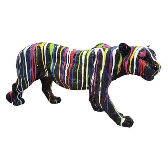 Abstract decorative sculpture designed as a gloss black colored tiger in colorful stripes 35x80cm