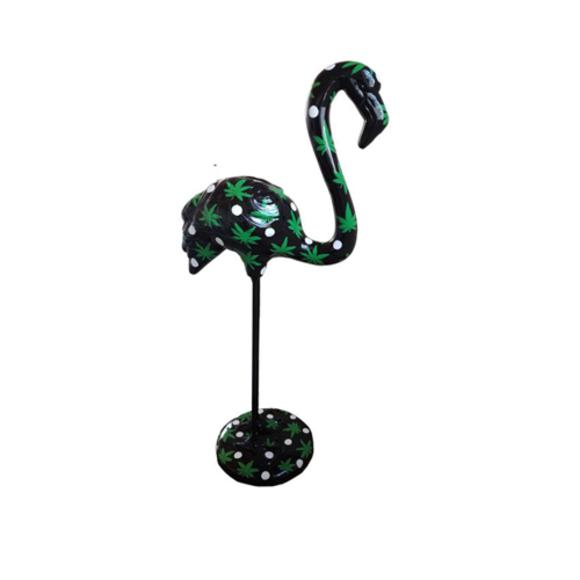 Abstract decorative sculpture designed as a gloss black colored flamingo with plants patterns 119cm