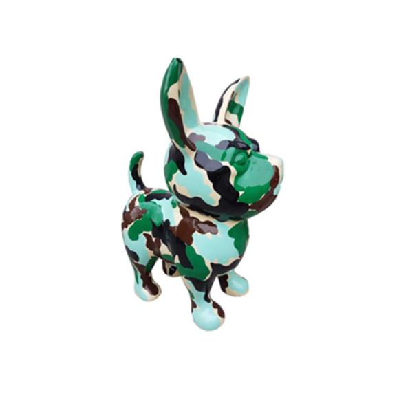 Decorative sculpture designed as a standing puppy in green tones colorful camouflage painted 91cm