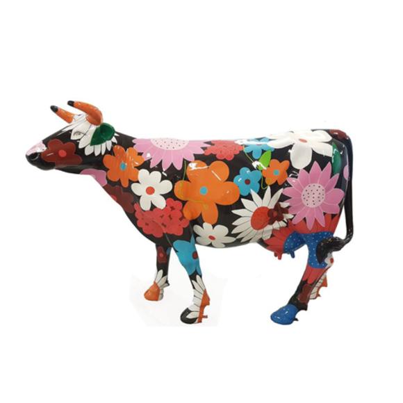 Black colored gloss cow with flowers pictures decorative sculpture 147x210cm sizes