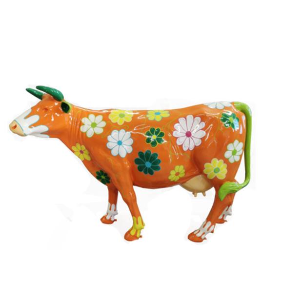 Orange colored gloss cow with flowers pictures decorative sculpture 147x210cm sizes