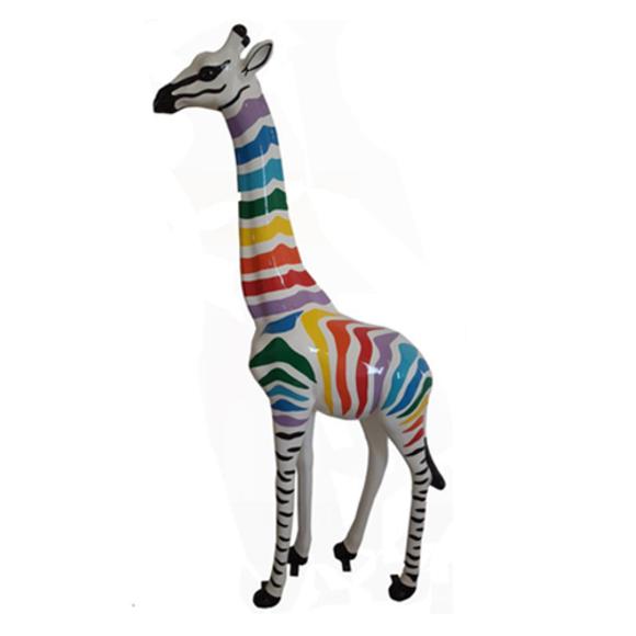 Decorative abstract sculpture of white colored giraffe with colorful stripes 205 cm height