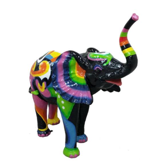 Black colored gloss decorative elephant sculpture with colorful patterns 160x160cm