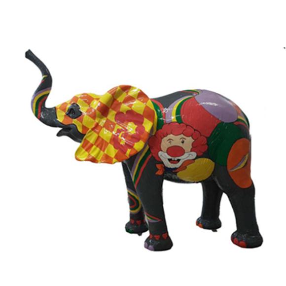 Black colored elephant decorative sculpture with a clown picture 160x160cm sizes