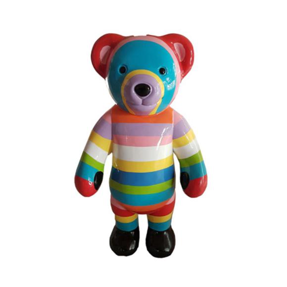 Abstract decorative sculpture designed as a standing gloss teddy bear in colorful stripes 40cm