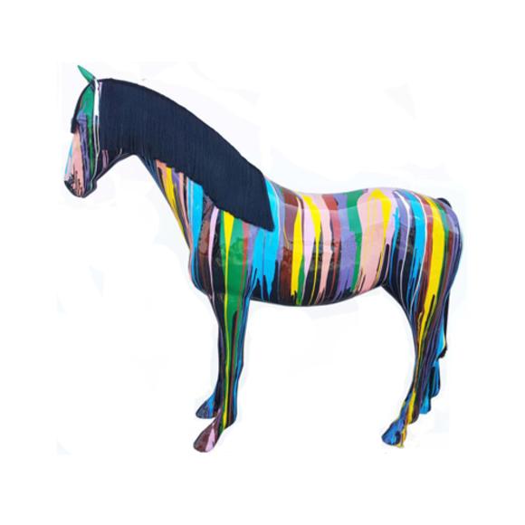 Decorative sculpture designed as black colored horse figure with colorful stripes 205x240m sizes