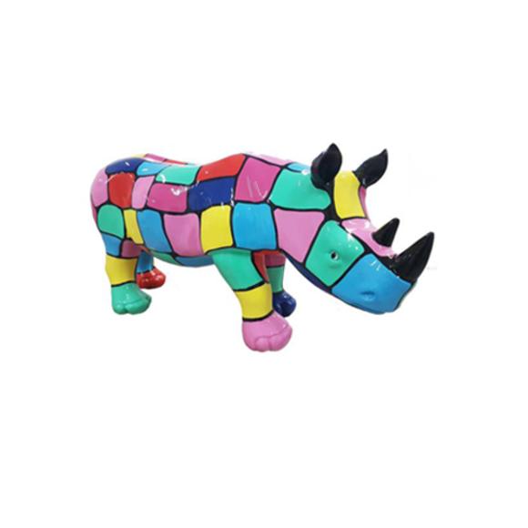 Abstract decorative sculpture designed as gloss standing rhino in colorful mosaic patterns 35x75cm