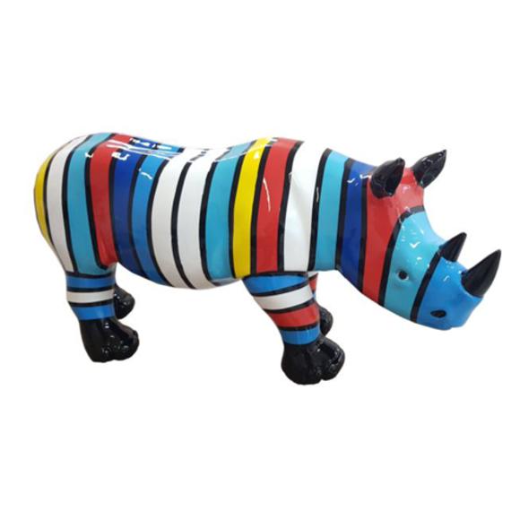 Abstract decorative sculpture designed as gloss standing rhino with colorful stripes in blue tones 35x75cm