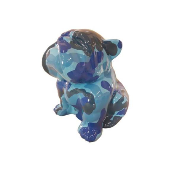 Decorative sculpture designed as gloss sitting dog in blue tones of colorful camouflage painted 40cm