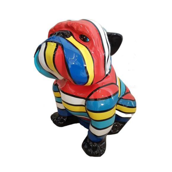 Decorative sculpture designed as a gloss sitting dog in colorful stripes 85x116cm