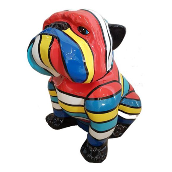 Decorative sculpture designed as a gloss sitting dog in colorful stripes 80cm