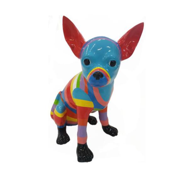 Abstract decorative sculpture designed as a gloss puppy with blue face & colorful stripes