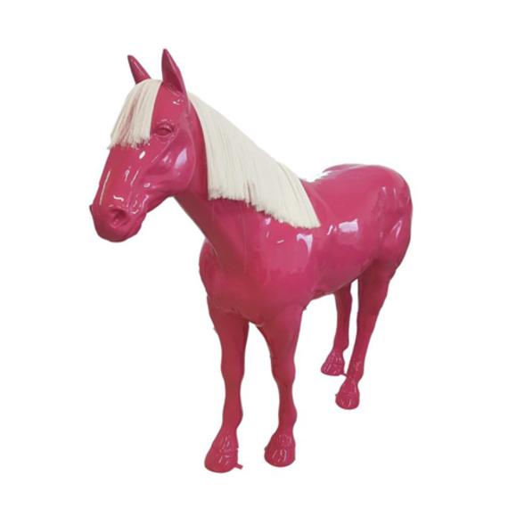 Full pink colored decorative sculpture of gloss horse with blond mane 190x240cm