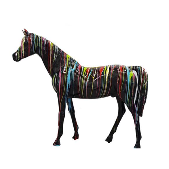Decorative abstract sculpture designed as black colored horse with colorful stripes 190x220cm sizes