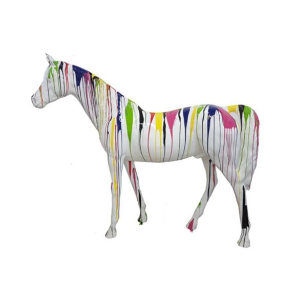 Decorative abstract sculpture designed as white colored horse with colorful stripes 190x220cm sizes