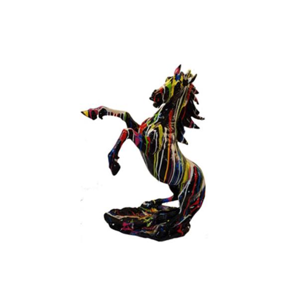 Decorative sculpture designed as a gloss full black colored mustang horse in colorful stripes 92cm