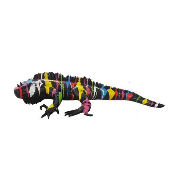 Decorative sculpture designed as a full black colored iguana in colorful patterns 24x90cm