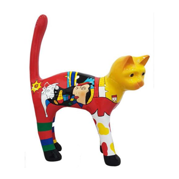 Decorative sculpture designed as a gloss cat with modern art patterns & yellow red painted 110 cm