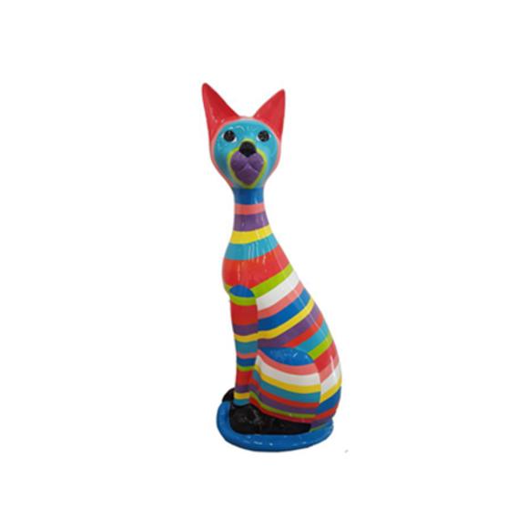 Decorative sculpture designed as a gloss sitting cat in colorful stripes 98cm