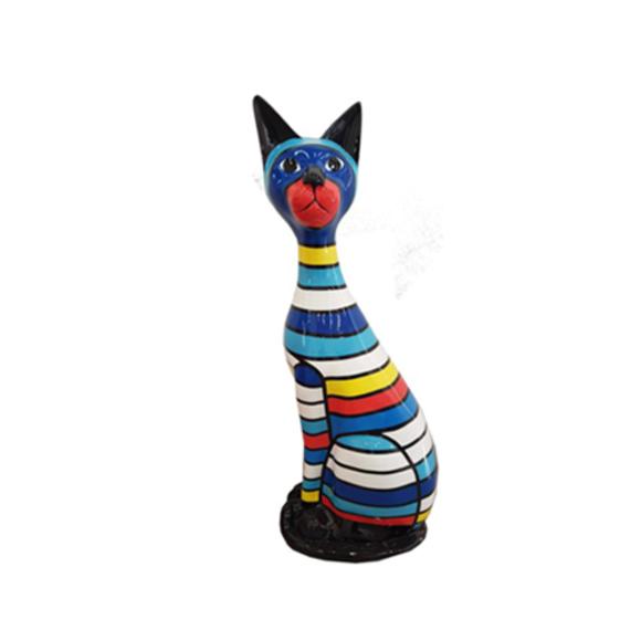 Decorative sculpture designed as a gloss sitting cat in colorful stripes & black ears 98cm