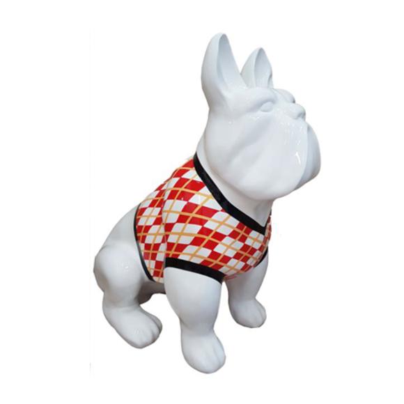 Decorative sculpture designed as an white sitting dog in rhombus red white shirt paint 85x116cm