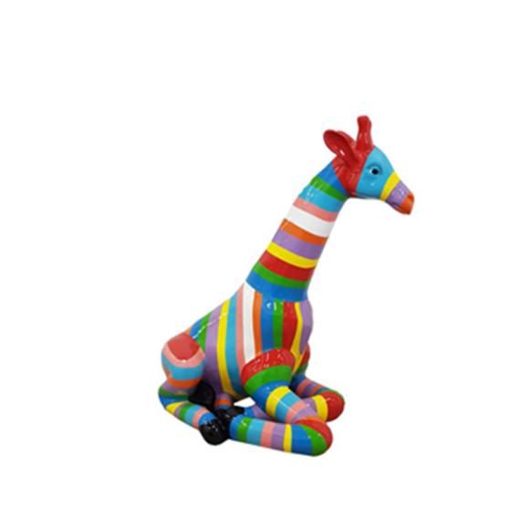 Decorative sculpture designed as a gloss sitting giraffe in colorful art stripes 80cm