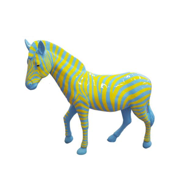 Decorative sculpture designed as a gloss zebra colored in blue yellow stripes 167x191cm