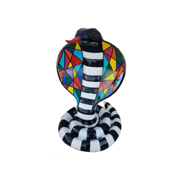 Decorative sculpture designed as a geometric cobra figure colored in white black stripes 90cm