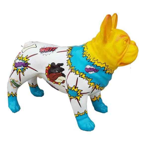 Decorative sculpture designed as a gloss standing dog in colorful comics patterns & yellow head 75x100cm