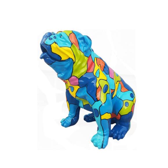 Decorative sculpture designed as a gloss sitting dog colored in blue tones of random mosaic patterns 67x70cm