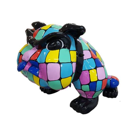 Decorative sculpture designed as a gloss sitting cartoon dog in colorful square mosaic patterns 73x130cm