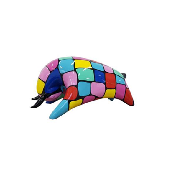 Abstract decorative sculpture designed as a gloss bull in colorful square mosaic patterns 25x50cm