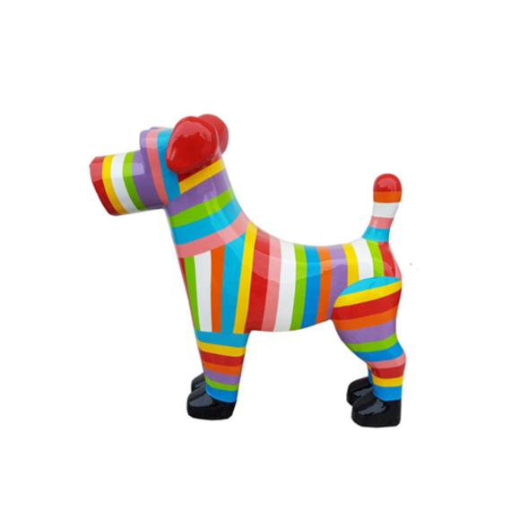 Decorative abstract sculpture designed as a gloss standing dog in colorful stripes 65x70cm