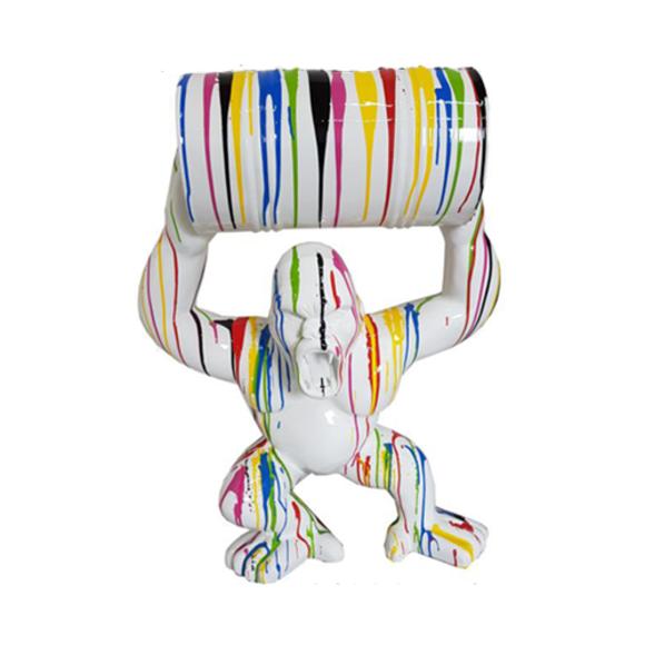 Decorative gloss sculpture designed as a white colored shouting gorilla in colorful stripes 100cm