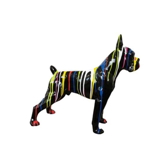 Decorative abstract sculpture designed as a standing gloss black colored dog in colorful stripes 47x55cm